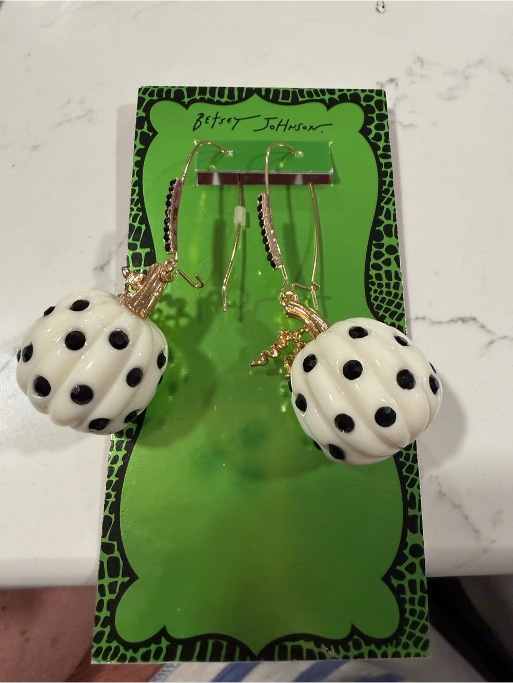 Betsey Johnson White & Black Polka Dot Pumpkin Drop Earrings with Gold Hooks